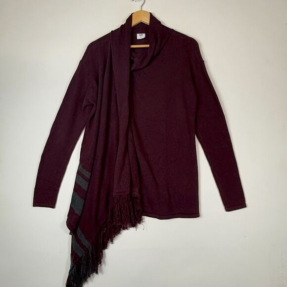 Cabi Port Burgundy Fringe Wrap Draped Shawl Cowl Cardigan Sweater Women's Small - Picture 1 of 8